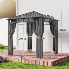 Outsunny 2.5 x 2.5 m Hardtop Gazebo with Galvanised Steel Roof, Waterproof Permanent Pavilion Garden Gazebo with Netting and Curtains for Patio, Deck, Dark Grey - 3