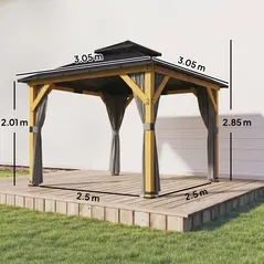 Outsunny 3 x 3 m Outdoor Hardtop Gazebo Canopy with 2-Tier Steel Roof, Wood Garden Gazebo with Curtains, Grey - 3