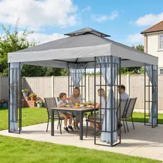 Outsunny 3 x 3(m) Patio Gazebo Canopy Garden Pavilion Tent Shelter with 2 Tier Roof and Mosquito Netting, Light Grey - 2