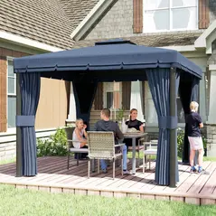 Outsunny 3 x 3(m) Patio Gazebo Canopy Garden Pavilion Tent Shelter Marquee with 2 Tier Roof, Netting and Curtains, Dark Blue - 2
