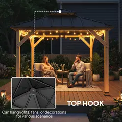 Outsunny 3 x 3 m Outdoor Hardtop Gazebo Canopy with 2-Tier Steel Roof, Wood Garden Gazebo with Curtains, Grey - 7