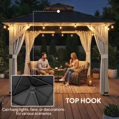 Outsunny 3 x 3 m Outdoor Hardtop Gazebo Canopy with 2-Tier Steel Roof, Wood Garden Gazebo with Curtains, Light Grey - 7