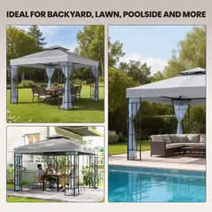 Outsunny 3 x 3(m) Patio Gazebo Canopy Garden Pavilion Tent Shelter with 2 Tier Roof and Mosquito Netting, Light Grey - 7