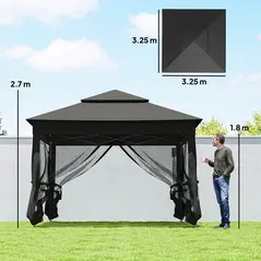 Outsunny 3 x 3(m) Pop Up Gazebo, Double-roof Garden Tent with Netting and Carry Bag, Party Event Shelter, Black - 3