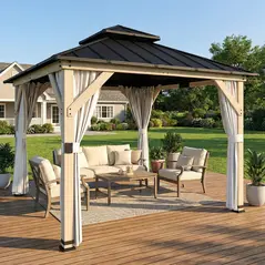Outsunny 3 x 3 m Outdoor Hardtop Gazebo Canopy with 2-Tier Steel Roof, Wood Garden Gazebo with Curtains, Light Grey - 2