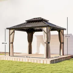 Outsunny 3x3 m Hardtop Gazebo Canopy with UPF50+ Double Galvanised Steel Roof, Aluminium Garden Gazebo Permanent Pavilion, Brown - 3