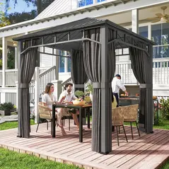 Outsunny 2.5 x 2.5 m Hardtop Gazebo with Galvanised Steel Roof, Waterproof Permanent Pavilion Garden Gazebo with Netting and Curtains for Patio, Deck, Dark Grey - 2