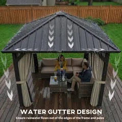Outsunny 2.5 x 2.5 m Hardtop Gazebo with Galvanised Steel Roof, Waterproof Permanent Pavilion Garden Gazebo with Netting and Curtains for Patio, Deck, Dark Grey - 5