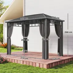 Outsunny 2 x 3.5 m Hardtop Gazebo with Galvanised Steel Roof, Waterproof Permanent Pavilion Garden Gazebo with Netting and Curtains for Patio, Deck, Dark Grey - 3