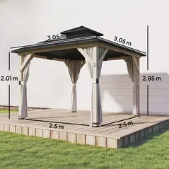 Outsunny 3 x 3 m Outdoor Hardtop Gazebo Canopy with 2-Tier Steel Roof, Wood Garden Gazebo with Curtains, Light Grey - 3