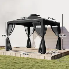 Outsunny 3 x 3 m Metal Gazebo, Garden Pavillion, Double Roof Outdoor Canopy Shelter with Mesh Sidewalls, Black - 3