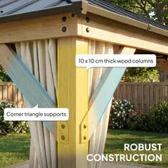 Outsunny 3 x 3 m Outdoor Hardtop Gazebo Canopy with 2-Tier Steel Roof, Wood Garden Gazebo with Curtains, Light Grey - 6