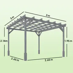 Outsunny 3 x 3 m Wooden Pergola Kit, Decorative Garden Gazebo Shelter with Stable Structure for Climbing Vines, Grey - 3
