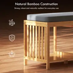 HOMCOM Bamboo Shoe Bench, Entryway Storage Bench with Padded Cushion and Open Shelf, Natural Wood Finish - 6