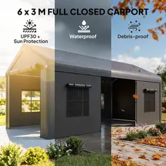 Outsunny 3 x 6 m Heavy Duty Carport, Portable Garage Car Canopy Tent with Galvanised Frame, Doors, Windows, Dark Grey - 4