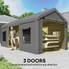 Outsunny 3 x 6 m Heavy Duty Carport, Portable Garage Car Canopy Tent with Galvanised Frame, Doors, Windows, Dark Grey - 6