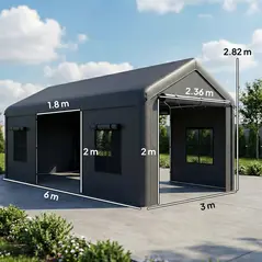 Outsunny 3 x 6 m Heavy Duty Carport, Portable Garage Car Canopy Tent with Galvanised Frame, Doors, Windows, Dark Grey - 3