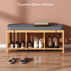 HOMCOM Bamboo Shoe Bench, Entryway Storage Bench with Padded Cushion and Open Shelf, Natural Wood Finish - 5