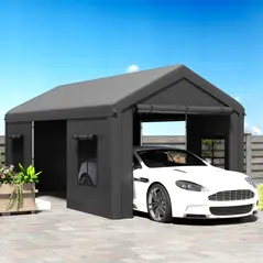 Outsunny 3 x 6 m Heavy Duty Carport, Portable Garage Car Canopy Tent with Galvanised Frame, Doors, Windows, Dark Grey - 9