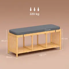 HOMCOM Bamboo Shoe Bench, Entryway Storage Bench with Padded Cushion and Open Shelf, Natural Wood Finish - 3