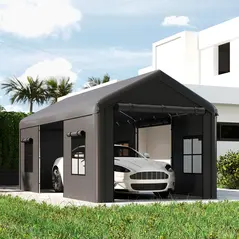 Outsunny 3 x 6 m Heavy Duty Carport, Portable Garage Car Canopy Tent with Galvanised Frame, Doors, Windows, Dark Grey - 8