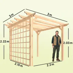 Outsunny 3 x 3 m Wooden Pergola Kit, Garden Pergola Gazebo Arch with Trellis for Climbing Vines, Flowers, Nature Wood Finish - 3