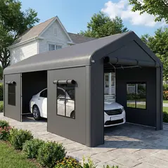 Outsunny 3 x 6 m Heavy Duty Carport, Portable Garage Car Canopy Tent with Galvanised Frame, Doors, Windows, Dark Grey - 2
