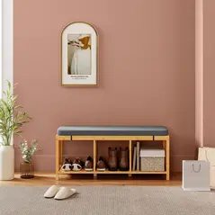 HOMCOM Bamboo Shoe Bench, Entryway Storage Bench with Padded Cushion and Open Shelf, Natural Wood Finish - 7