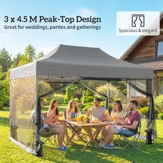 Outsunny 3 x 4.5 m Pop Up Gazebo with Mesh Nettings, UPF50+ Heavy Duty Outdoor Garden Party Tent Marquee, Dark Grey - 4
