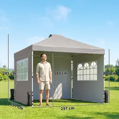 Outsunny Pop Up Gazebo Waterproof Height Adjustable Canopy with 3 Sidewalls Wheeled Bag for Parties 3 x 3 m Grey - 3