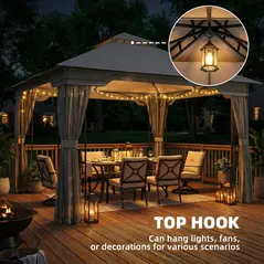Outsunny 3.3 x 3.3 m Outdoor Garden Gazebo with Post Shelves, UPF50+ Patio Permanent Pavilion with Hook, Dark Grey - 8