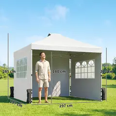 Outsunny Pop Up Gazebo Waterproof Height Adjustable Canopy with 3 Sidewalls Wheeled Bag for Parties 3 x 3 m White - 3