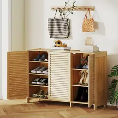 HOMCOM Bamboo Shoe Cabinet with Louvered Doors, 18 Pairs Shoe Storage Cabinet with Adjustable Shelves for Hallway, Natural - 9