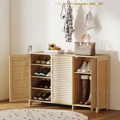 HOMCOM Bamboo Shoe Cabinet with Louvered Doors, 18 Pairs Shoe Storage Cabinet with Adjustable Shelves for Hallway, Natural - 2