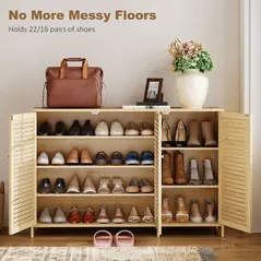 HOMCOM Bamboo Shoe Cabinet with Louvered Doors, 18 Pairs Shoe Storage Cabinet with Adjustable Shelves for Hallway, Natural - 4