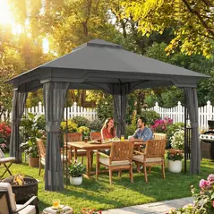 Outsunny 3.3 x 3.3 m Outdoor Garden Gazebo with Post Shelves, UPF50+ Patio Permanent Pavilion with Hook, Dark Grey - 2