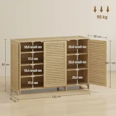 HOMCOM Bamboo Shoe Cabinet with Louvered Doors, 18 Pairs Shoe Storage Cabinet with Adjustable Shelves for Hallway, Natural - 3