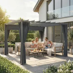 Outsunny 3.6 x 3 m Pergola with Retractable Roof Canopy, Curtains, Aluminium Garden Pergola Gazebo Sun Shade Shelter, Dark Grey - 2