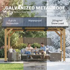 Outsunny 3.5 x 4 m Hardtop Gazebo Canopy with Galvanised Metal Roof, Fir Wood Frame and Hook for Patio, Garden, Black Grey - 4