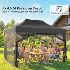 Outsunny 3 x 4.5 m Pop Up Gazebo with Mesh Nettings, UPF50+ Heavy Duty Outdoor Garden Party Tent Marquee, Black - 4