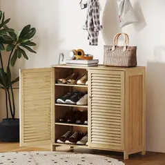 HOMCOM Bamboo Shoe Cabinet with Louvered Doors, 14 Pairs Shoe Storage Cabinet with Adjustable Shelves for Hallway, Natural - 2
