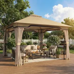 Outsunny 3.3 x 3.3 m Outdoor Garden Gazebo with Post Shelves, UPF50+ Patio Permanent Pavilion with Hook, Khaki - 9