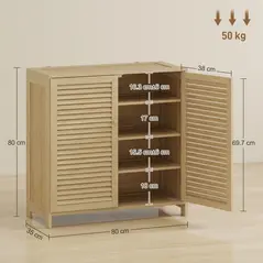 HOMCOM Bamboo Shoe Cabinet with Louvered Doors, 14 Pairs Shoe Storage Cabinet with Adjustable Shelves for Hallway, Natural - 3