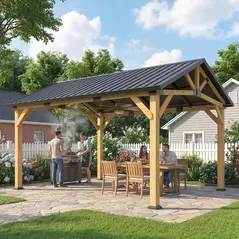 Outsunny 3.5 x 4 m Hardtop Gazebo Canopy with Galvanised Metal Roof, Fir Wood Frame and Hook for Patio, Garden, Black Grey - 9