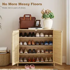 HOMCOM Bamboo Shoe Cabinet with Louvered Doors, 14 Pairs Shoe Storage Cabinet with Adjustable Shelves for Hallway, Natural - 4