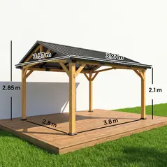 Outsunny 3.5 x 4 m Hardtop Gazebo Canopy with Galvanised Metal Roof, Fir Wood Frame and Hook for Patio, Garden, Black Grey - 3