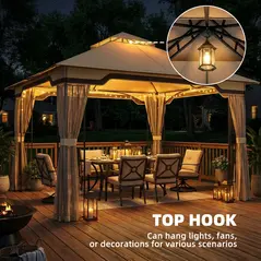 Outsunny 3.3 x 3.3 m Outdoor Garden Gazebo with Post Shelves, UPF50+ Patio Permanent Pavilion with Hook, Khaki - 8
