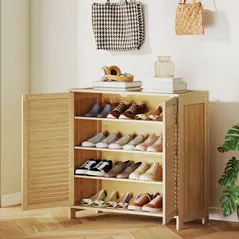 HOMCOM Bamboo Shoe Cabinet with Louvered Doors, 14 Pairs Shoe Storage Cabinet with Adjustable Shelves for Hallway, Natural - 9