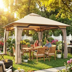 Outsunny 3.3 x 3.3 m Outdoor Garden Gazebo with Post Shelves, UPF50+ Patio Permanent Pavilion with Hook, Khaki - 2