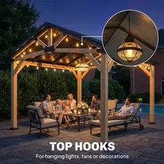 Outsunny 3.5 x 4 m Hardtop Gazebo Canopy with Galvanised Metal Roof, Fir Wood Frame and Hook for Patio, Garden, Black Grey - 7